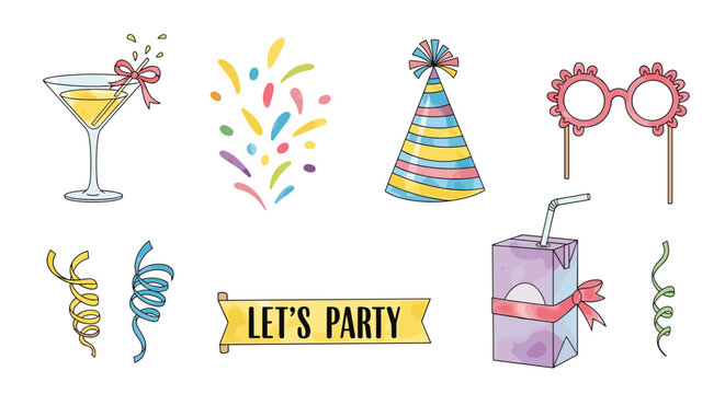 Comprehensive party supplies set with cocktail drinks, confetti, party hats, and festive banners is ideal for invitations and celebrations.