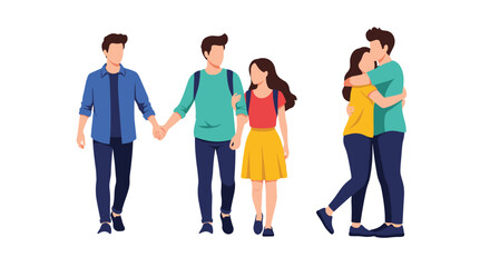 Fototapeta premium Minimalist silhouettes of young couples walking together, holding hands, and sharing an affectionate hug in a clean modern style.