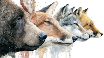 Fototapeta premium A watercolor painting artfully depicts a majestic bear, deer, wolf, and fox in profile.