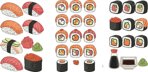 Sushi set collection with rolls, nigiri, sashimi, soy sauce and wasabi, Japanese food assortment, hand drawn cartoon vector illustration isolated on white background © MdNazmul