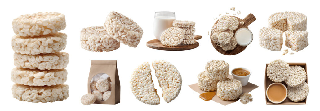 Set of puffed round circle rice grains cake,  staple diet food treats snack, serving board with milk, takeout paper box bag with caramel sauce, broken bitten stack pile, transparent cutout PNG mockup