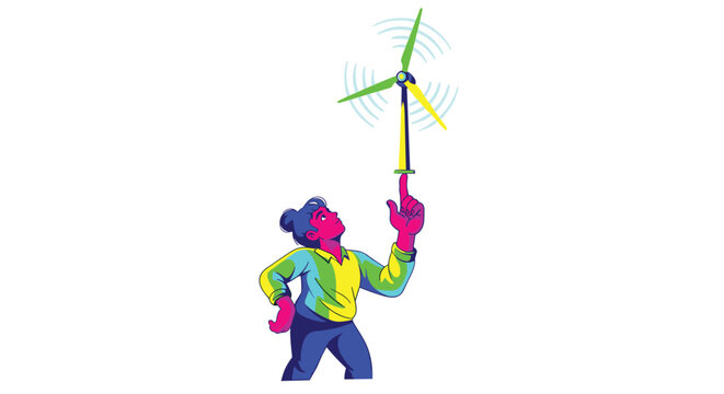 A vividly colored vector illustration showcases a person with a pink face and blue pants expertly balancing a small, rapidly spinning green and yellow wind turbine on their finger.