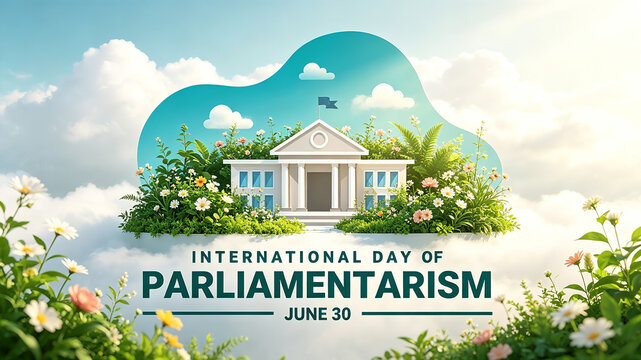Parliamentary architecture and natural flowers, International Parliamentary Day conveys the concept of green governance and democratic harmony, adapted to political propaganda materials
