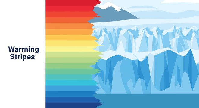 A graphic presents Warming Stripes text beside vertical color bars transitioning from red to blue, which seamlessly merge into a detailed illustration of a massive blue glacier and icy mountains.
