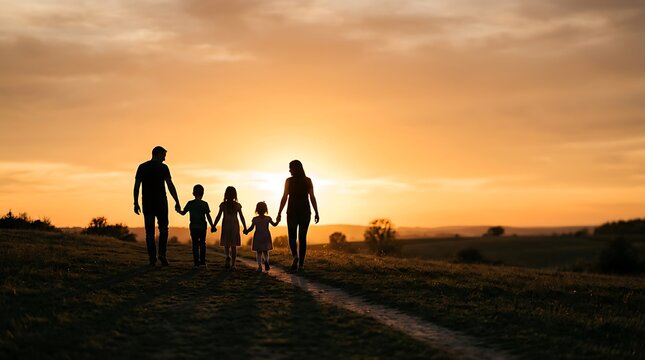 Silhouette of happy family walking together during golden sunset