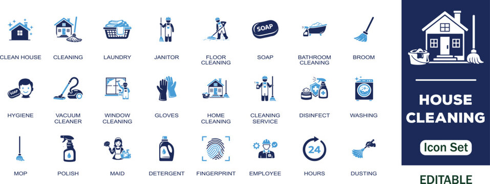 House cleaning editable solid icon set. Containing  laundry, janitor, broom, soap, washing, maid, home cleaning, vacuum, dusting, cleaner and more vector icons collection. 