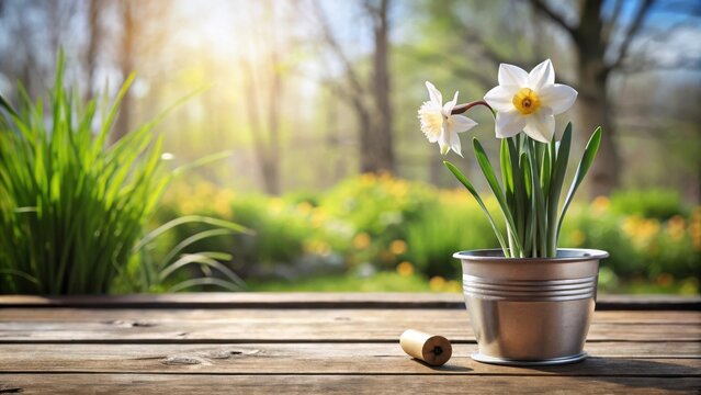 Serene springtime blossoms in a metal planter on a rustic wooden surface, bathed in sunlight, with a blurred natural background