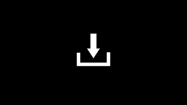 Download icon with arrow on black. White download icon for digital file transfer. Simple download icon for software installation and web media save conceptual illustrations.