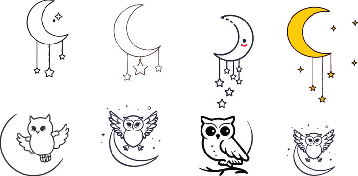 Vector Icon of a Tiny Moon with Dangling Stars in Outline Style on a Minimal White Background
