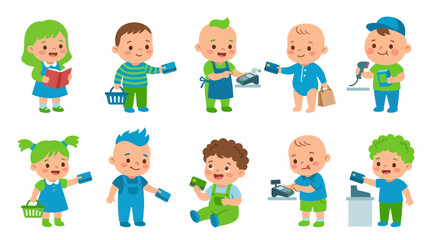 Fototapeta premium Children with shopping carts and credit cards, flat vector illustration