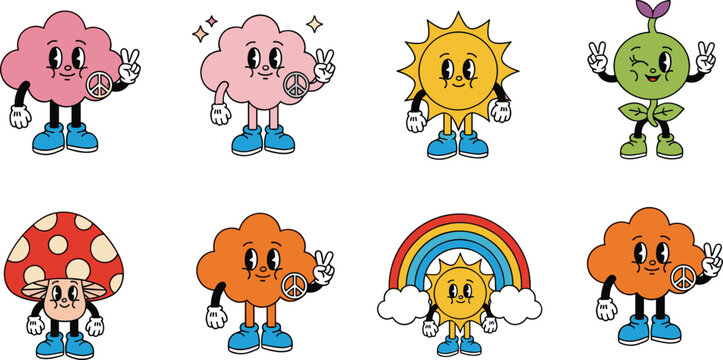 Retro Groovy Cartoon Character Set Featuring Cloud Sun Rainbow Mushroom and Plant with Peace Sign in Vintage Funky Style Vector Illustration