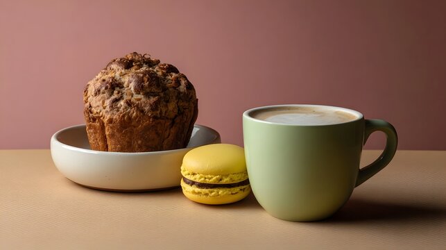 A pairing of fresh baked goods a colorful aron and warm coffee on a light surface