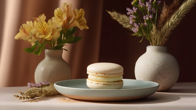 Styled still life composition featuring a aron yellow flowers and dried grasses in minimalist pottery vases