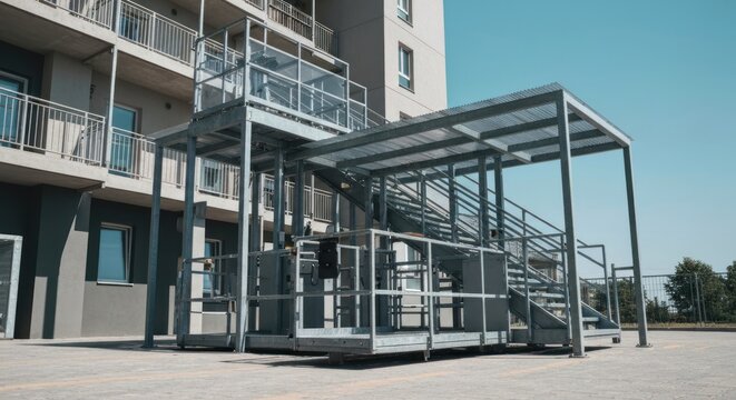 Exterior of a metal platform and stair system next to a tall building