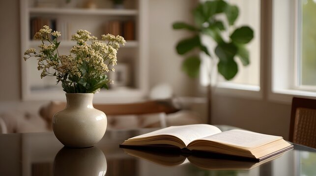 An open book rests beside a vase of white flowers and a vibrant indoor plant creating a tranquil natural corner setting
