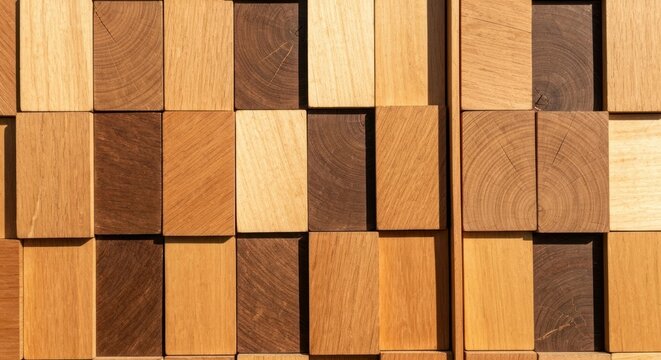 Close-up of a wooden wall with various shades of interlocking blocks