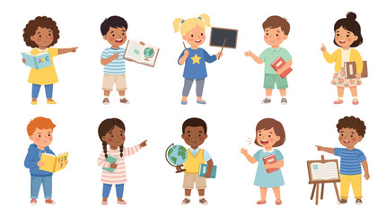 Fototapeta premium Cute Kids Learning and Teaching With Books and Globe, Flat Design