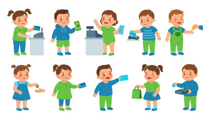 Fototapeta premium Flat Vector Illustration: Kids Financial Literacy, Children Learning Shopping with Money Credit Cards.