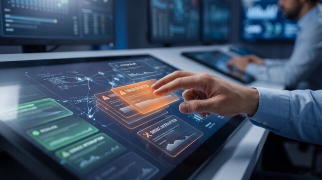Close-up of a hand interacting with a futuristic touchscreen interface displaying data graphs and statistics in a modern workspace