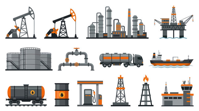 Oil Industry Vector Icons: Equipment, Facilities, Transportation, Flat Style