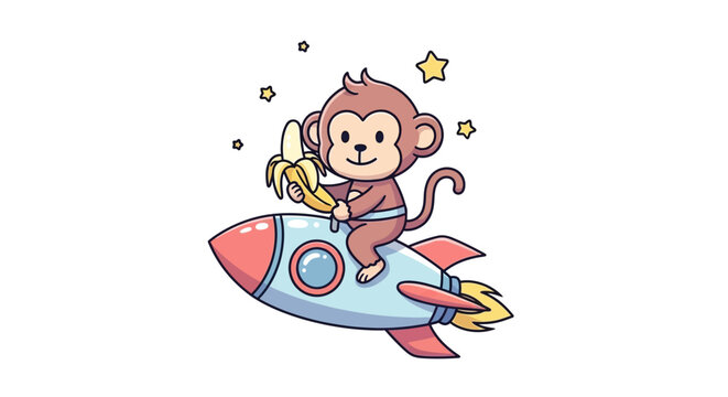 Cute monkey riding a rocket holding a banana