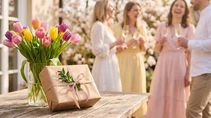 Naklejka premium Group of women celebrating with flowers and a gift for Mother's Day 
