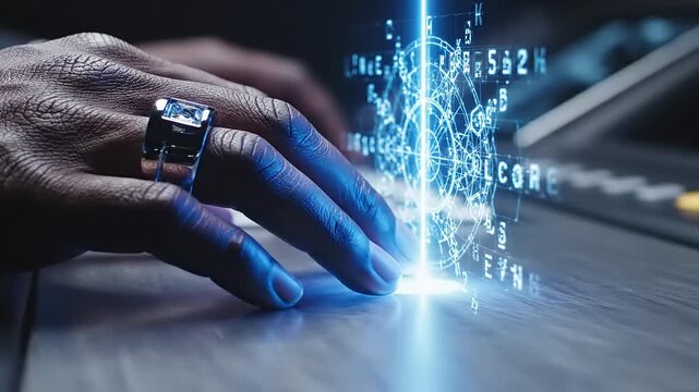 Hand interacting with futuristic technology interface.