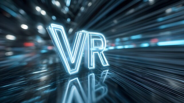 A futuristic scene featuring a glowing VR logo on a reflective surface, with a blurred background of lights and a sense of motion.