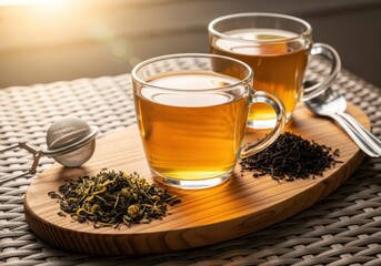Fototapeta premium Two glass cups filled with warm herbal tea sit on a wooden serving board alongside loose leaves and a strainer.