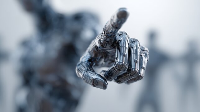 Futuristic Robot Hand Pointing at Viewer in a Abstract Background with Human Silhouettes and Technology Concept