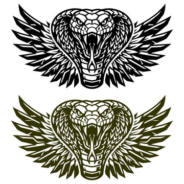Powerful aggressive winged king cobra snake mascot vector illustration for tattoos logos and apparel designs featuring black and green color variants