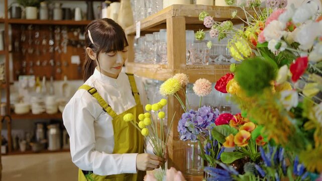 Young Asian female florist in a yellow apron arranging beautiful colorful artificial flowers in a boutique home decor shop. Smiling small business owner working in a lovely retail store setting.
