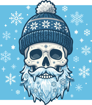Illustration of a bearded skull wearing a winter beanie with snowflakes.