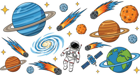Space elements collection with planets astronaut comets and galaxy, colorful outer space illustration set for science and education design © Kharshad Creative