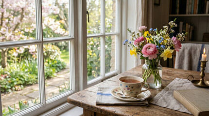 Fototapeta premium Cozy table setting with tea and flowers in a sunlit window 