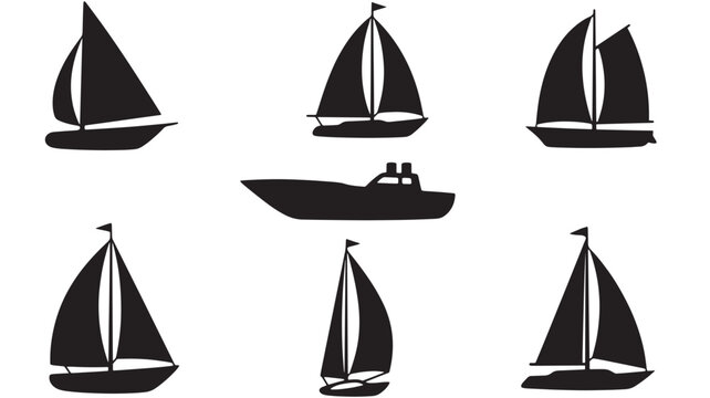 Sailing boats icon set with black silhouettes and white sails for maritime transportation and nautical design featuring sailboat, boat icons, ocean