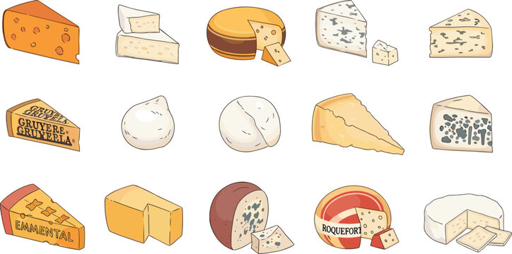 Cheese varieties collection with different types of dairy products, gourmet food illustration set for menu and culinary design