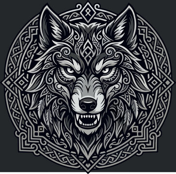 Intricate Viking style wolf head illustration with celtic knotwork patterns.
