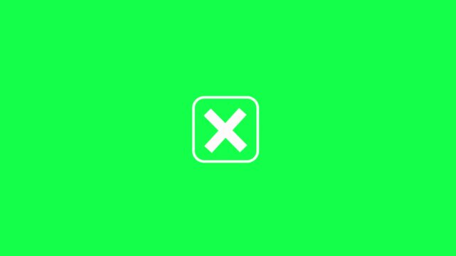 White wrong incorrect cross square pop up animated in a White square box isolated on green background. Cross mark icon in square box of wrong, decline, error or close button