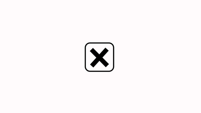 Black wrong incorrect cross square pop up animated in a black square box isolated on white background. Cross mark icon in square box of wrong, decline, error or close button