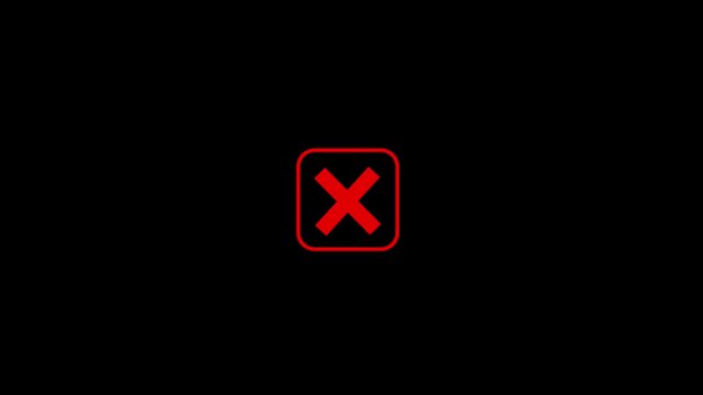 Red wrong incorrect cross square pop up animated in a red square box isolated on black background. Cross mark icon in square box of wrong, decline, error or close button