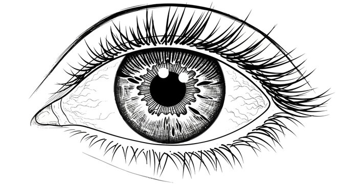 Close-up black and white sketch of a human eye with detailed iris and lashes