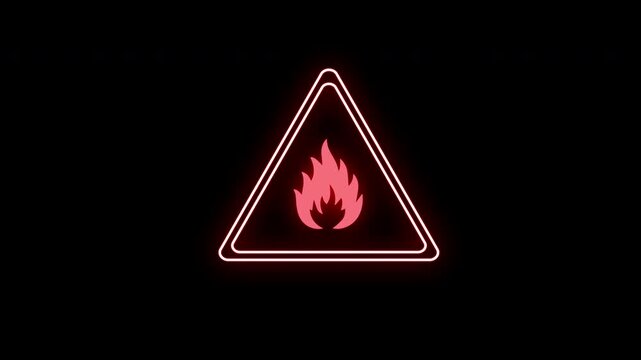 fire warning sign on black.A bright red neon animated warning sign with a flammable sign. Glowing brightly against a black background, this sign signals caution and danger. 4k quality