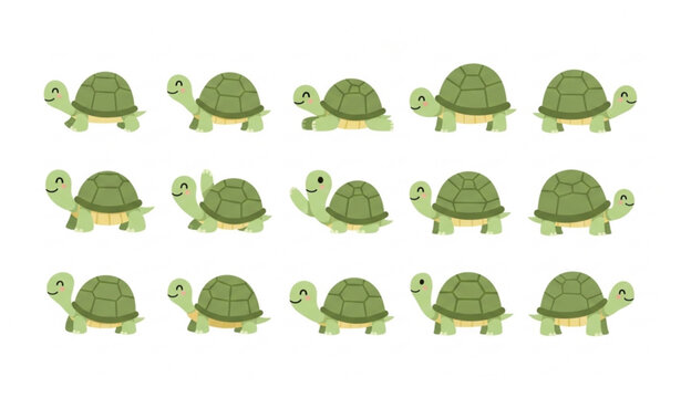 Happy turtle cartoon vector set with cute smiling turtles in flat minimal style isolated on white background