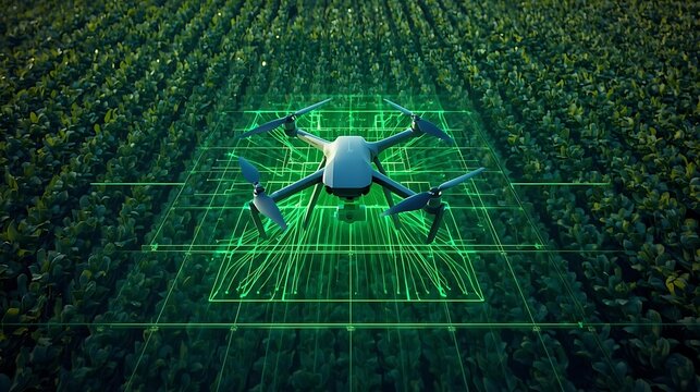 Drone flying over green field with grid projection, aerial technology