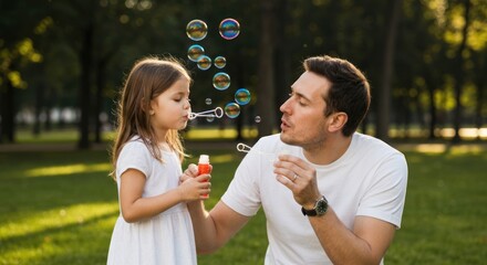 Fototapeta premium A father and daughter make bubbles in a park, enjoying quality time