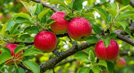 Obraz premium Crisp red apples covered in fresh water droplets after rain shower on leafy green tree in lush garden.