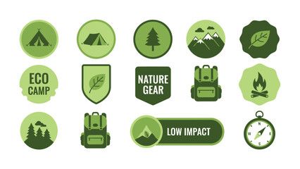Eco-Friendly Exploration Badges: A vibrant collection of circular, shield, and rectangular badges that encapsulate the spirit of outdoor exploration and sustainable living. © Maira