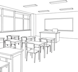 Fototapeta premium Empty Classroom Interior Line Art Illustration for Coloring