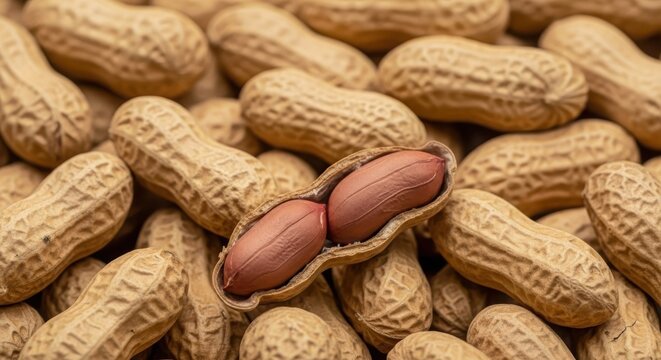 Macro close-up shot of a pile of raw unshelled peanuts with one cracked pod in the foreground revealing two reddish-brown kernels, showing detailed texture of the husks and seeds.